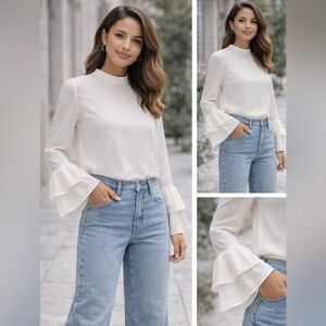Bershka White Long Sleeve Ruffle Cuff Blouse Women’s Size S Boho Chic Top